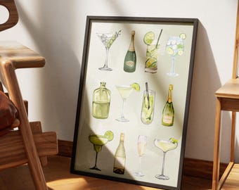 Saliegroene cocktailkunstprint: decor barwagen (digitale download)