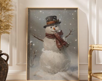 Vintage Snowman Print, Christmas Wall Art, Holiday Decor, Winter Poster, Christmas Prints
