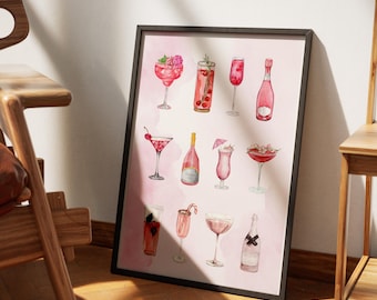May include: A watercolor print featuring a pink background with 12 different pink cocktails and drinks. The drinks include a variety of glasses, garnishes, and cherries.