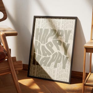 Szczęśliwy falisty nadruk | Retro zielona typografia ścienna | Modna galeria dekoracji ściennych | Estetyczny plakat do pokoju | Natychmiastowe pobieranie cyfrowe