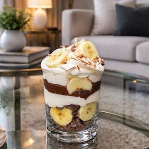 Könnte beinhalten: Ein geschichtetes Dessert in einem klaren Glas. Die Schichten umfassen Schokolade, Schlagsahne und Bananenscheiben. Das Dessert ist mit Schlagsahne, Bananenscheiben und Schokoladenraspeln garniert. Das Glas steht auf einem Glastisch.