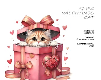 Clipart de gato de San Valentín: Caja de regalo de gatito, JPG (Descarga digital)