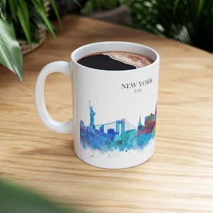 11 oz White Ceramic Mug with Personalized Text and a New York City Skyline Watercolor Painting, Travel Souvenir, Gift for Coffee Lovers