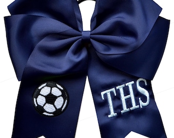 Embroidered Soccer Hair Bow - Personalized Initial Ribbon Ponytail Holder