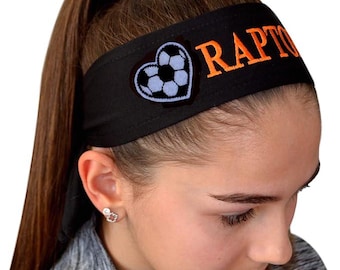 Personalized Embroidered Soccer HEART Tie Back Headband with Custom Name