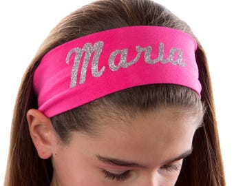 Custom Cotton Stretch Headband with Personalized Sparkling Glitter Vinyl Text of Your Choice.