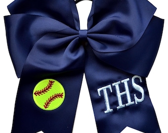 Softball Hair Bow Embroidered and Personalized with Custom Initials of your choice