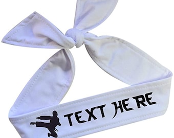Martial Arts Personalized Custom Tie Back Headband with Kicking Silhouette Teakwondo Karate Headband