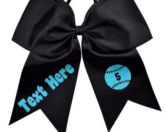 Custom Softball Bow with Glitter Vinyl Text & Number