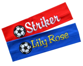 Personalized Monogrammed Embroidered Soccer Ball Patch Cotton Stretch Headband with Custom Name