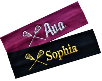 Personalized Monogrammed Embroidered Lacrosse Cotton Stretch Headband with Custom Name