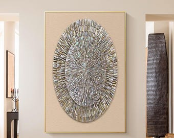 Grande quadro da parete con conchiglia d'ostrica, tela astratta beige a tema costiero, dipinto a mano, arredamento moderno e organico per il soggiorno.