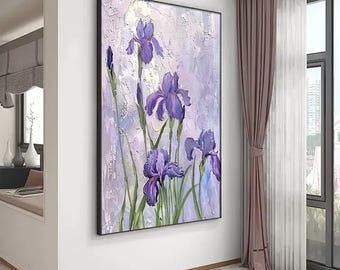 Irises Painting Purple flowers Iris floral wall art textured wall art for living room decor