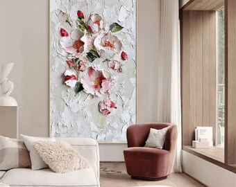 Pink abstract flower wall art textured Original Creamy Floral Blooming Blossom Painting, Large Floral Wall Art, Modern Living Room Decor