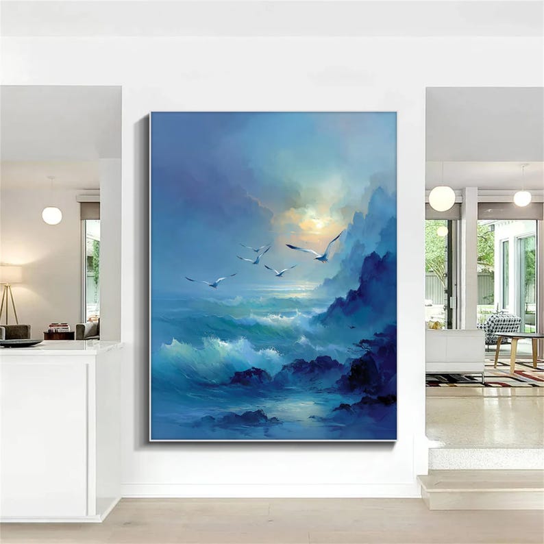 Moonlit sea painting in blue and beige