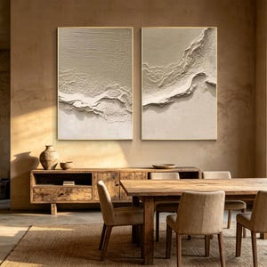Set of 2 Beige Gold Abstract Mountain Painting Large Wabi Sabi Textured Diptych Neutral Mountain Wall Art Landscape Canvas for Living Room
