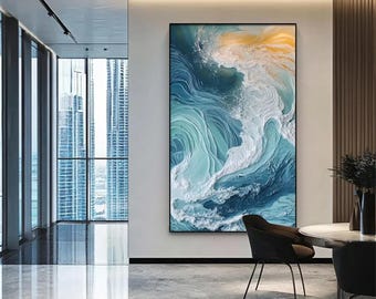 Teal Blue Abstract Ocean Canvas Painting Original Extra Large Landscape Sunrise Wall Art Modern Painting Living Room Decor