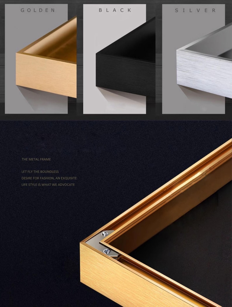 May include: A close-up of three metal frames in golden, black, and silver colors. The golden frame is in the foreground, with text that reads "THE METAL FRAME, LET FLY THE BOUNDLESS, DESIRE FOR FASHION, AN EXQUISITE, LIFE STYLE IS WHAT WE ADVOCATE."