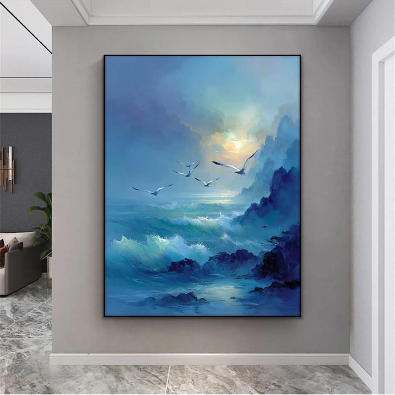 Blue and beige ocean mountain wall art