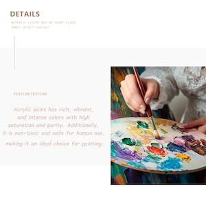 May include: A wooden artist's palette with various colors of acrylic paint. A hand holds a paintbrush over the palette, ready to paint. The image also includes text that describes the paint's qualities.