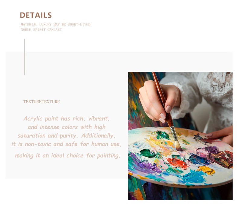 May include: A wooden artist's palette with various colors of acrylic paint. A hand holds a paintbrush over the palette, ready to paint. The image also includes text that describes the paint's qualities.