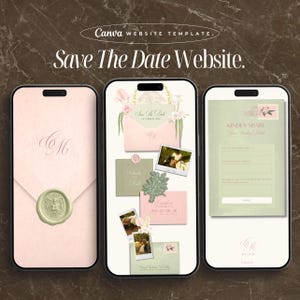 Puede incluir: Tres smartphones que muestran una plantilla de sitio web de boda. El diseño presenta un sobre rosa con un sello de cera, detalles florales y el texto "Save The Date Website."