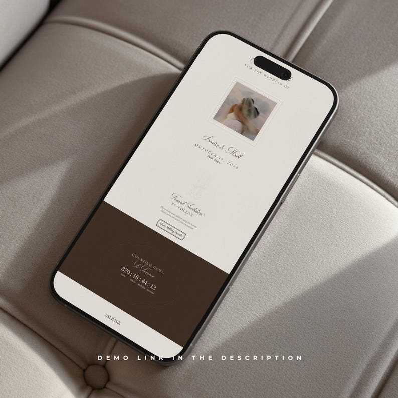 May include: A smartphone displaying a digital wedding invitation website with a cream background, a square photo of a couple, the text "Irmina & Matt OCTOBER 19, 2024", a dark brown section with a countdown timer, and a button labelled "Share Mailing Details".