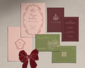 Green Pink Victorian Wedding Invitation Suite Baroque Wedding Vintage Invite With RSVP Card Retro Wedding Invitations Coquette Wedding