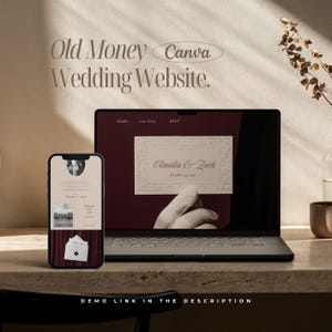 Puede incluir: Un portátil y un smartphone muestran un diseño de sitio web de bodas con el texto "Old Money Wedding Website". La pantalla del portátil muestra un diseño de invitación de boda con los nombres "Claudia & Zack". El smartphone muestra un diseño similar.