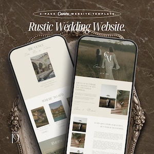May include: Two smartphones displaying a wedding website template. The text "Rustic Wedding Website" is at the top. One phone shows venue details, the other features photos of a couple. The template includes sections for venue, stay, and timeline.