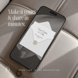 May include: A smartphone displaying a digital invitation template on its screen. The invitation features a white envelope with a wax seal and the text Formal Invitation To Follow. The screen also displays the text Make it yours & share in minutes.