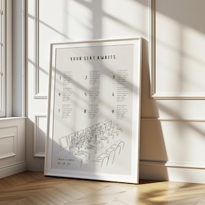 May include: A framed wedding seating chart with the text "YOUR SEAT AWAITS" at the top. The chart is divided into numbered sections with guest names listed below. A line drawing of a table setting is at the bottom. The names "EMILY + CHRIS" and the date "10-19-25" are also included.