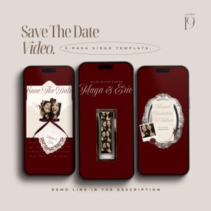 Könnte beinhalten: Eine dreiseitige Save-The-Date-Videovorlage auf drei Smartphones. Die Bildschirme zeigen dunkelrote Hintergründe, Fotostreifen eines Paares, verzierte silberne Rahmen und Text, darunter "Save The Date", "Maya & Eric" und "Formal Invitation To Follow".