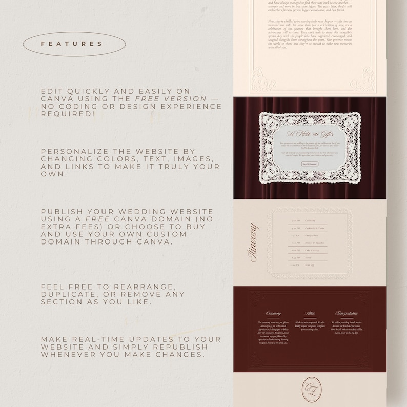 May include: A wedding website template with a cream and burgundy color scheme. The design includes text that reads "FEATURES", "EDIT QUICKLY AND EASILY ON CANVA", and "A Note on Gifts". The template is designed for easy customization.