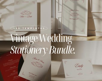 May include: A collection of vintage wedding stationery templates. The image shows various items, including invitations, save-the-date cards, and place cards, all with a classic design. The text includes "Anna & Simon", "Save the Date", and "Emily Williams".