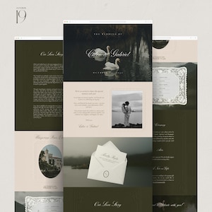 May include: A wedding invitation suite with a romantic theme. The design features a color palette of olive green, cream, and beige. The invitation includes the text "The Wedding of Caleb & Gabriel" and a photo of a couple. The suite includes RSVP cards.