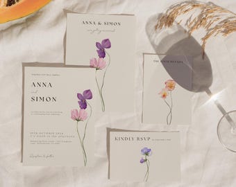 Zestaw zaproszeń ślubnych Wildflower Zestaw zaproszeń ślubnych z motywem kwiatowym Szablon Canva Zestaw zaproszeń ślubnych Boho Zestaw zaproszeń ślubnych z kwiatami RSVP