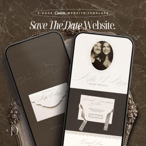 Könnte beinhalten: Zwei Smartphones zeigen eine 3-seitige Canva-Website-Vorlage für eine Save-The-Date-Hochzeitsankündigung. Die Bildschirme zeigen ein Schwarz-Weiß-Foto eines Paares, eleganten Schreibtext mit Nita & Liam und eine Umschlag-Grafik.