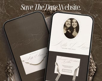 Modelo de site de casamento com renda editorial Save the Date no Canva, convite de casamento digital, site de casamento vintage Save the Date.