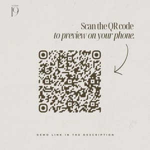 May include: A square dark brown QR code on a light beige background with the text October 19 in the top left corner. The text Scan the QR code to preview on your phone appears above the code with an arrow pointing to it, and DEMO LINK IN THE DESCRIPTION at the bottom.