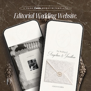 May include: A digital wedding website template displayed on two smartphones. The template features a cream-colored design with elegant fonts and a lace-like envelope graphic. The text reads "Editorial Wedding Website" and "The Wedding of Angelina & Jonathan."