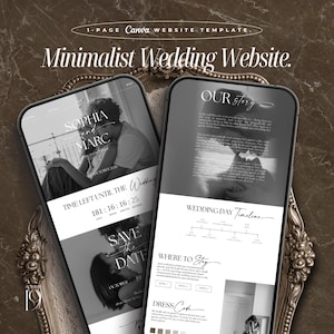 Peut inclure: Deux smartphones affichent un modèle de site web de mariage minimaliste. Les écrans montrent des photos, des comptes à rebours et des sections pour le calendrier du mariage, l'hébergement des invités et le code vestimentaire. Le texte comprend "Minimalist Wedding Website" et "Save the Date."