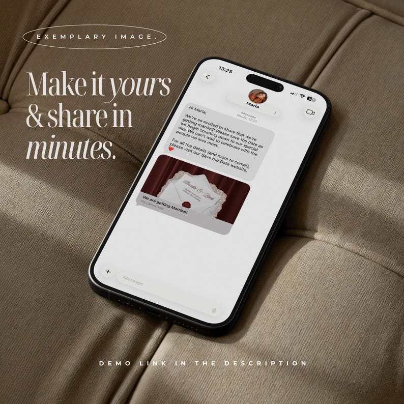 May include: A black smartphone displaying a messaging interface with the text "Hi Maria, We're so excited to share that we're getting married! Please save the date as we begin counting down to our special day." It includes a wedding invitation image.