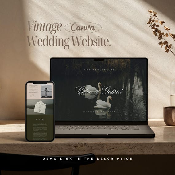 Vintage Wedding Website Template Swan Canva Wedding Website RSVP Website Digital Wedding Invitation Save The Date Website Wedding Template