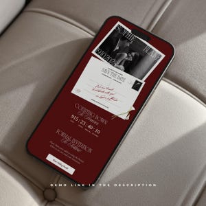 May include: A smartphone displaying a digital save the date invitation on a deep red background. The screen features a black and white photo of a couple, the names Sophie and Blake, the date 19.10.2028, a countdown timer, and a button labeled Share Mailing Details.
