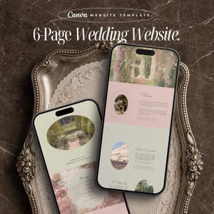 May include: Two smartphones displaying a wedding website template. The design uses a soft pink and cream colour scheme with floral and architectural imagery. The text "6-Page Wedding Website" is at the top of the image.