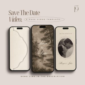 Könnte beinhalten: Drei Smartphones mit einer Save The Date Videovorlage. Die Bildschirme zeigen einen strukturierten cremefarbenen Hintergrund, eine sepiafarbene Landschaft mit Schwänen und ein Foto eines Paares in einem ovalen Rahmen mit dem Text For the wedding of Haya & John.