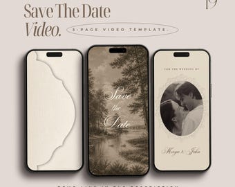 May include: Three smartphones displaying a Save The Date video template. The screens show a textured cream background, a sepia-toned landscape with swans, and a photo of a couple in an oval frame with the text For the wedding of Haya & John.