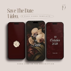 Könnte beinhalten: Drei Smartphones mit einer 5-seitigen Videovorlage. Die Bildschirme zeigen einen dunkelroten Umschlag mit Wachssiegel, weiße Orchideen mit dem Text Save The Date und das Datum 19. Oktober 2028 in der Toskana, Italien. Der Text ist sichtbar.