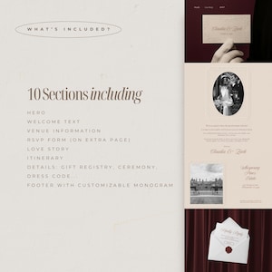 May include: A wedding invitation suite with a cream and brown color scheme. The design includes a card held by a hand, a photo of a couple, and an envelope with a wax seal. Text includes "Claudia & Zack" and "10 Sections including".